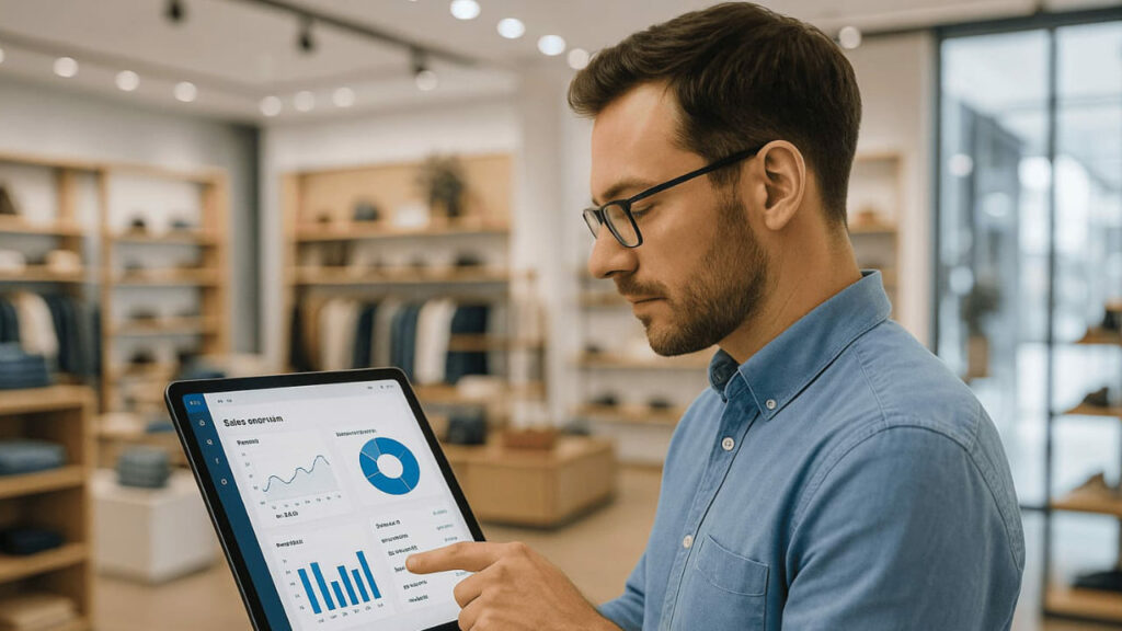 Software gestionale per negozi: come monitorare vendite e magazzino. Schermata di un software gestionale con dati di vendita e magazzino.